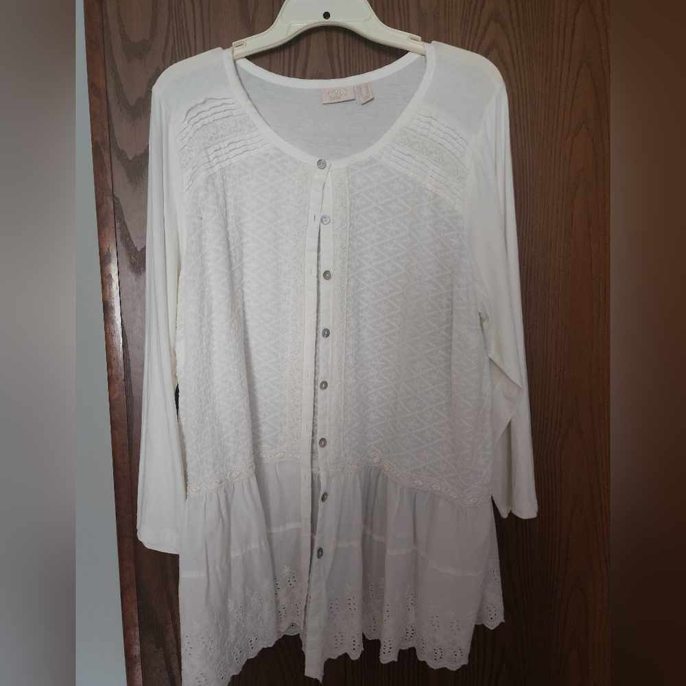 White Button-Up Blouse with Lace Details